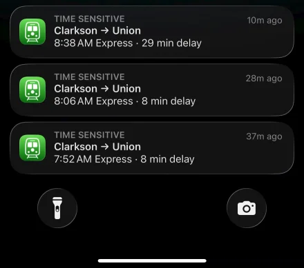 Lock Screen with three NextGO Train delay alerts for the Clarkson to Union trip