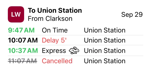 Medium widget: the next four Lakeshore West trains to Union Station from Clarkson, one delayed and one cancelled